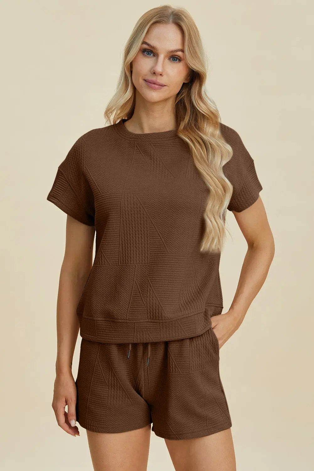 Double Take Full Size Texture Short Sleeve Top and Shorts Set - Love Salve