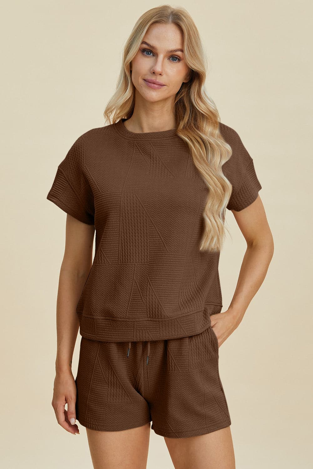 Double Take Full Size Texture Short Sleeve Top and Shorts Set.