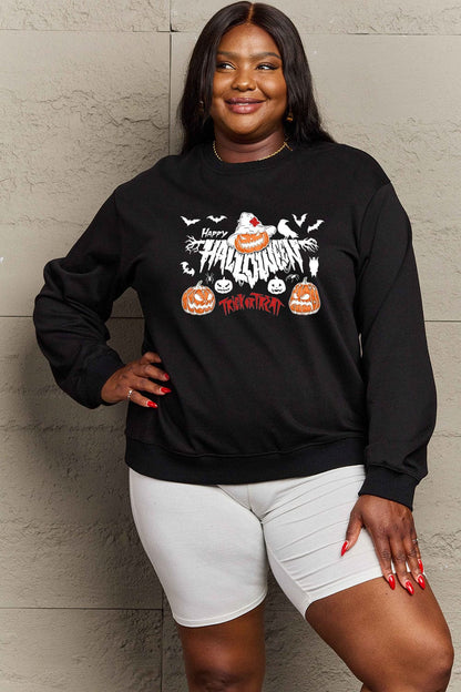 Simply Love Full Size HAPPY HALLOWEEN TRICK OR TREAT Graphic Sweatshirt.