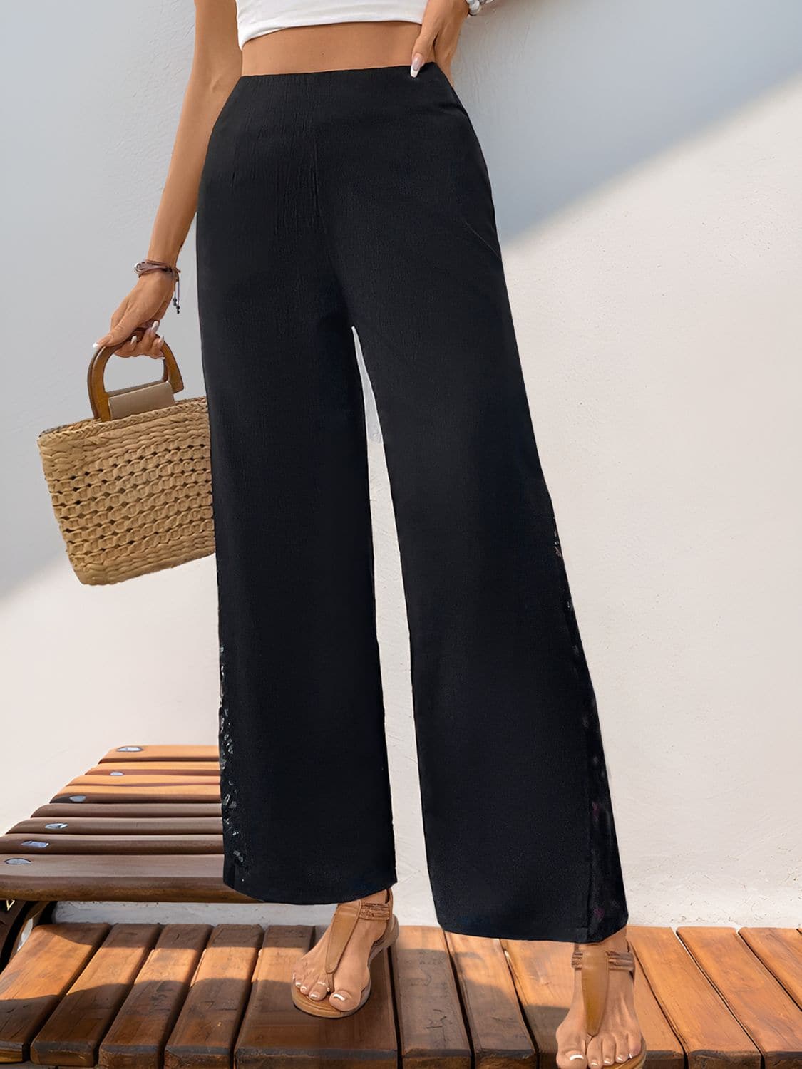 Lace Detail Wide Leg Pants.