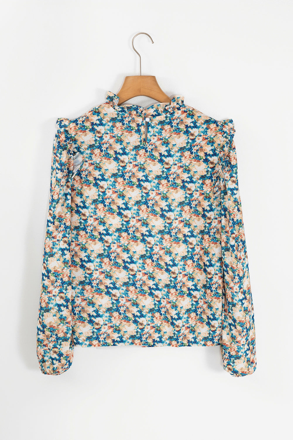 Floral frilled mock neck blouse with puff sleeves in sky blue