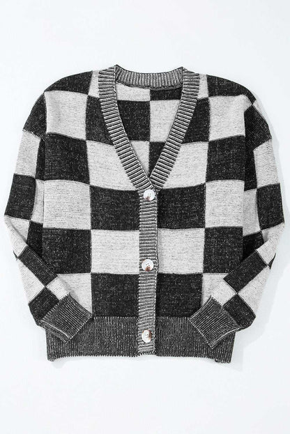 Chic black plaid cardigan, V-neck