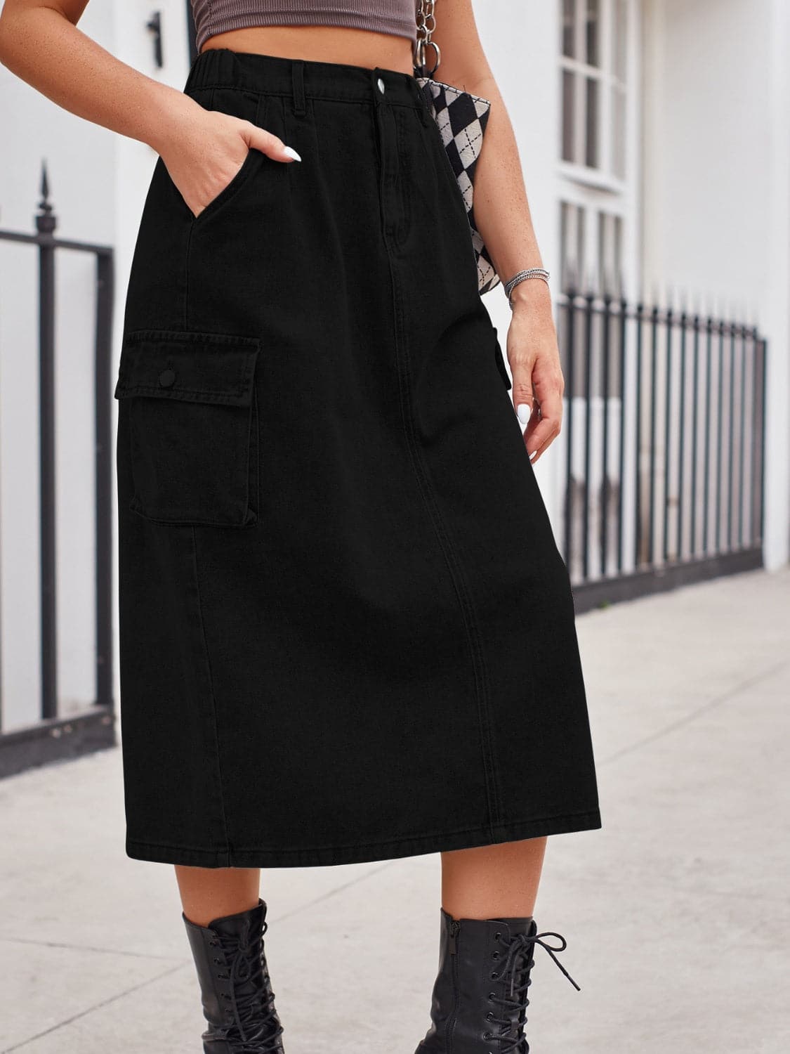 Slit Buttoned Denim Skirt with Pockets.