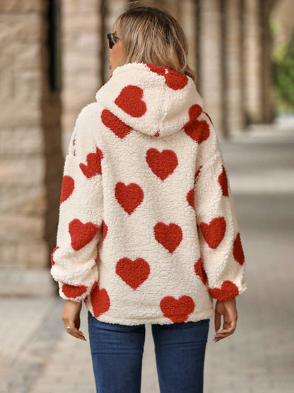 Fuzzy Heart Pocketed Dropped Shoulder Hoodie.