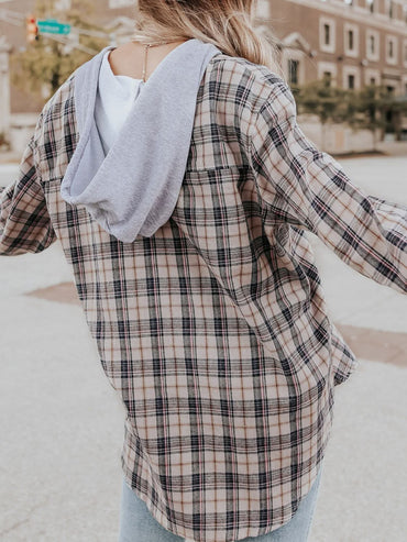 Plaid Drawstring Hooded Long Sleeve Top