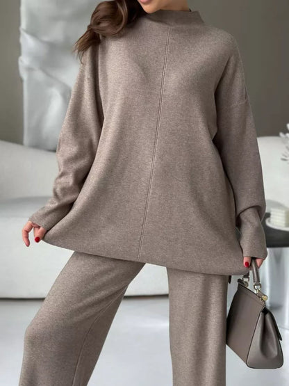 Slit Neck Knit Sweater Set with Pants