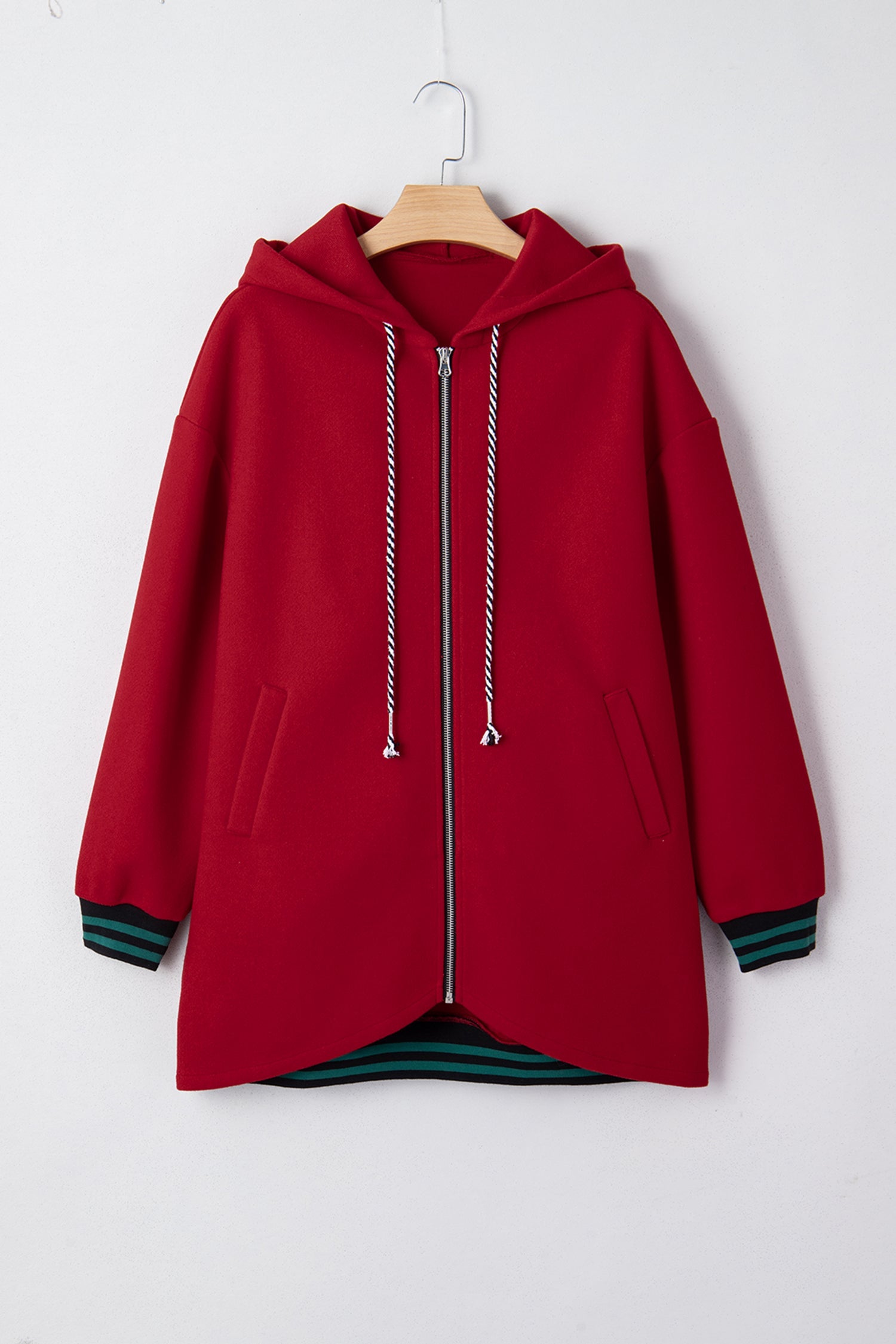 Racing Red Contrast Cuffed Drop Shoulder Zip Up Tunic Hoodie Dear-Lover Dropshipping