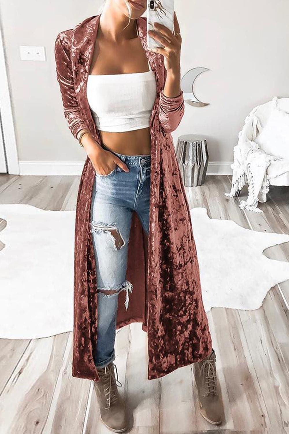 Open Front Long Sleeve Longline Velvet Cardigan.