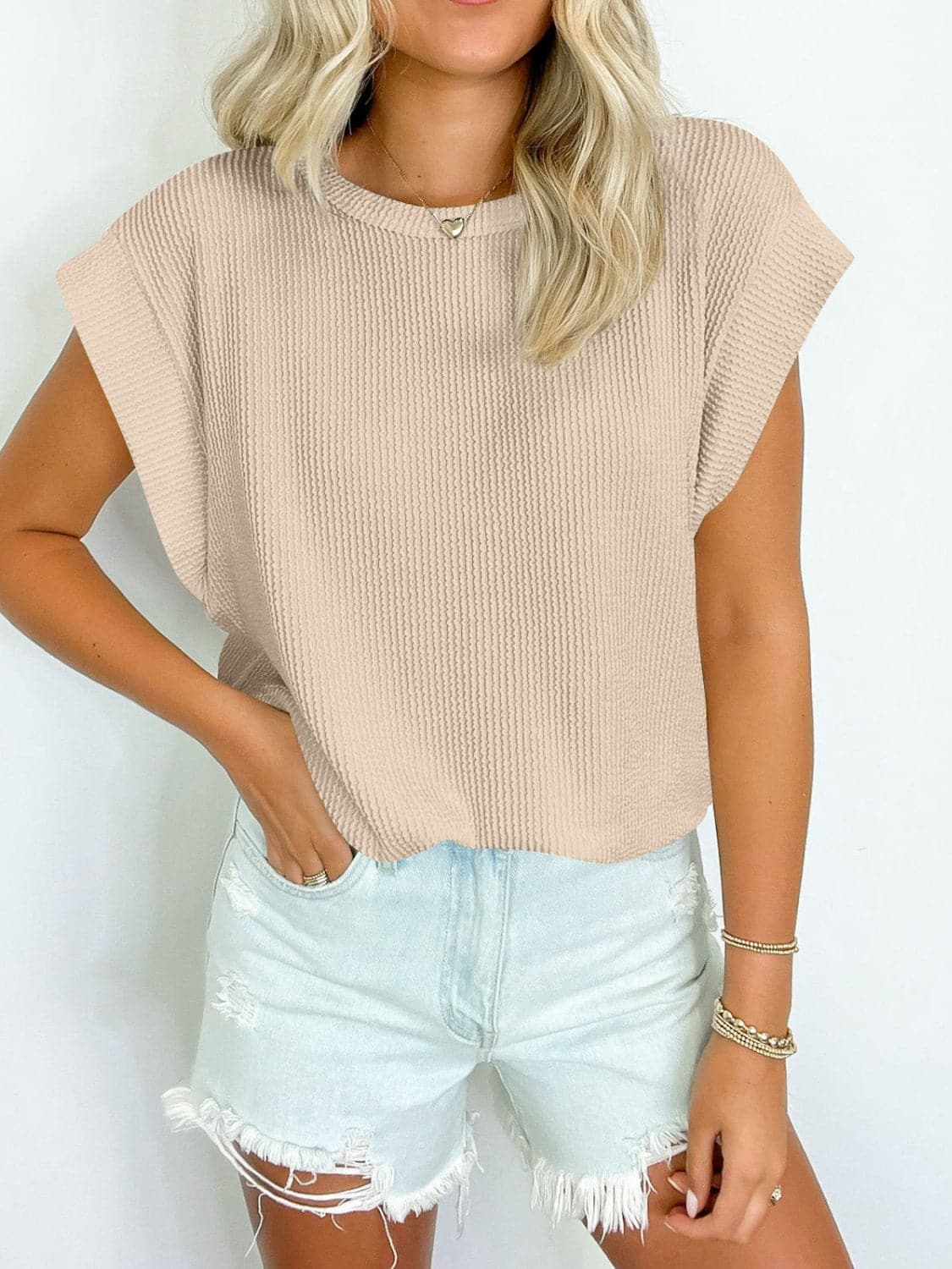 Textured Round Neck Cap Sleeve Blouse.