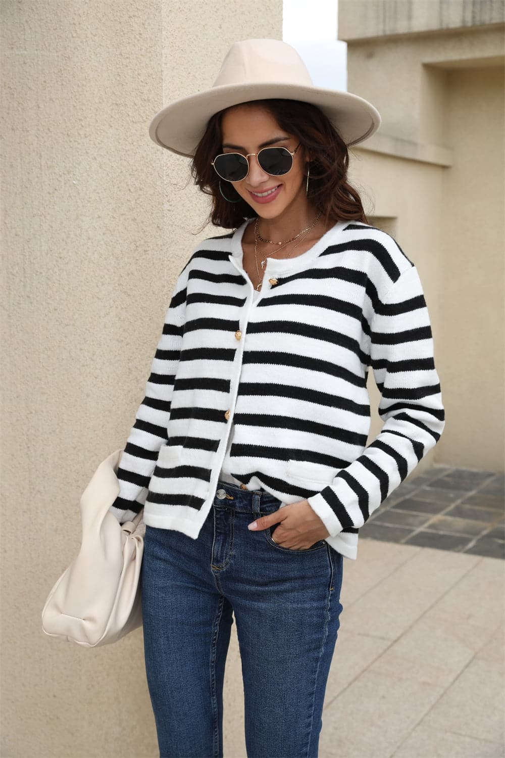 Striped Round Neck Button-Down Dropped Shoulder Cardigan.