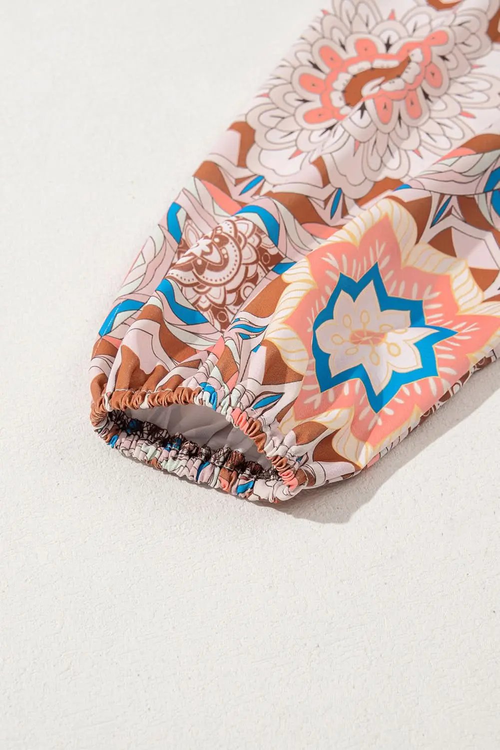 Coffee Ruffled Floral Sleeve Patchwork Waffle Knit O Neck Blouse - Love Salve 