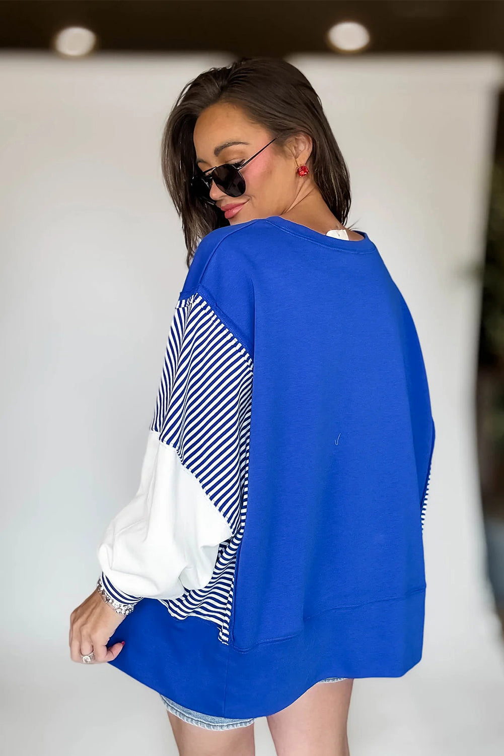 Dark Blue Striped Patchwork Sleeve Colorblock Sweatshirt Dear-Lover Dropshipping
