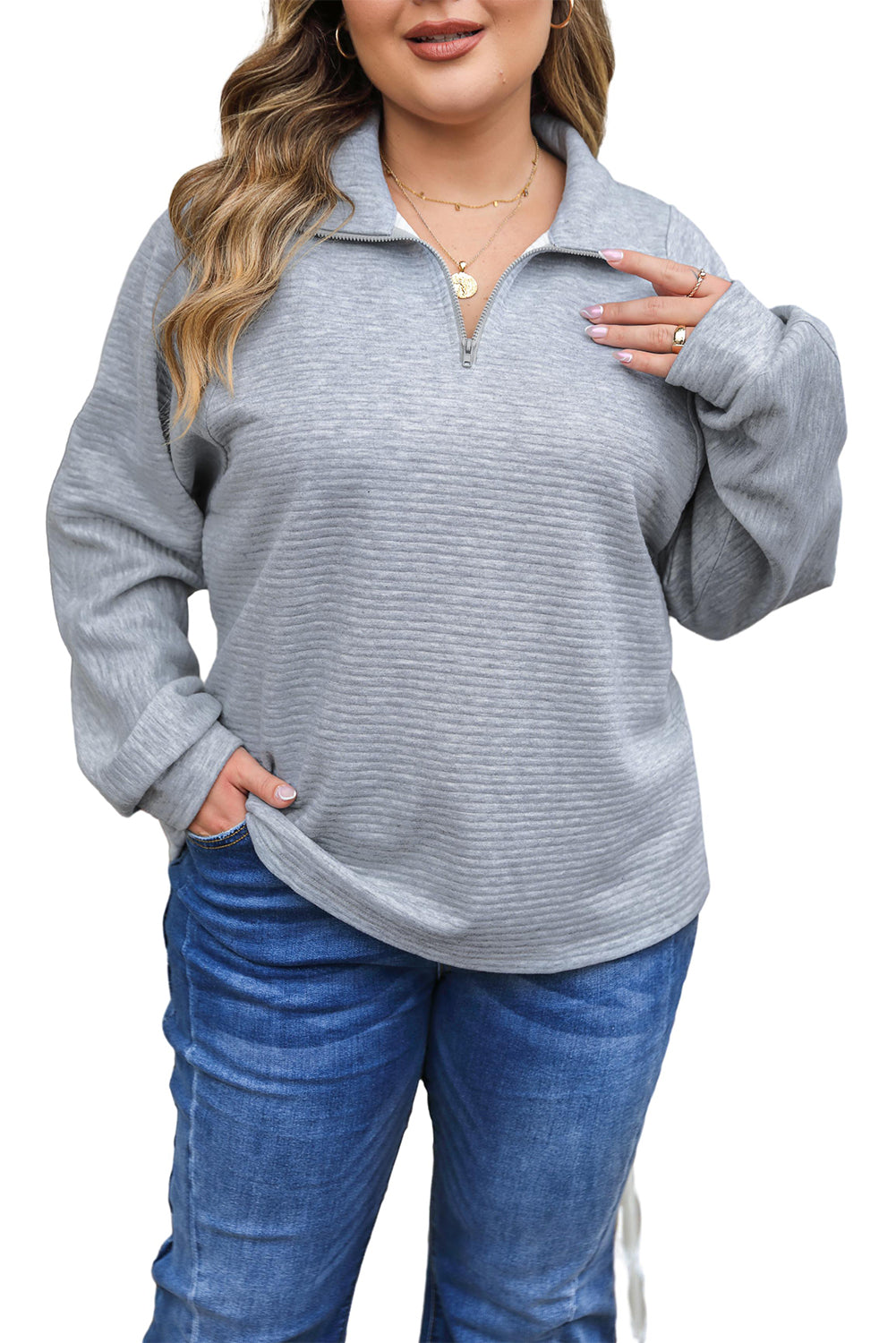 Light grey ribbed knit plus size pullover with quarter zipper collar