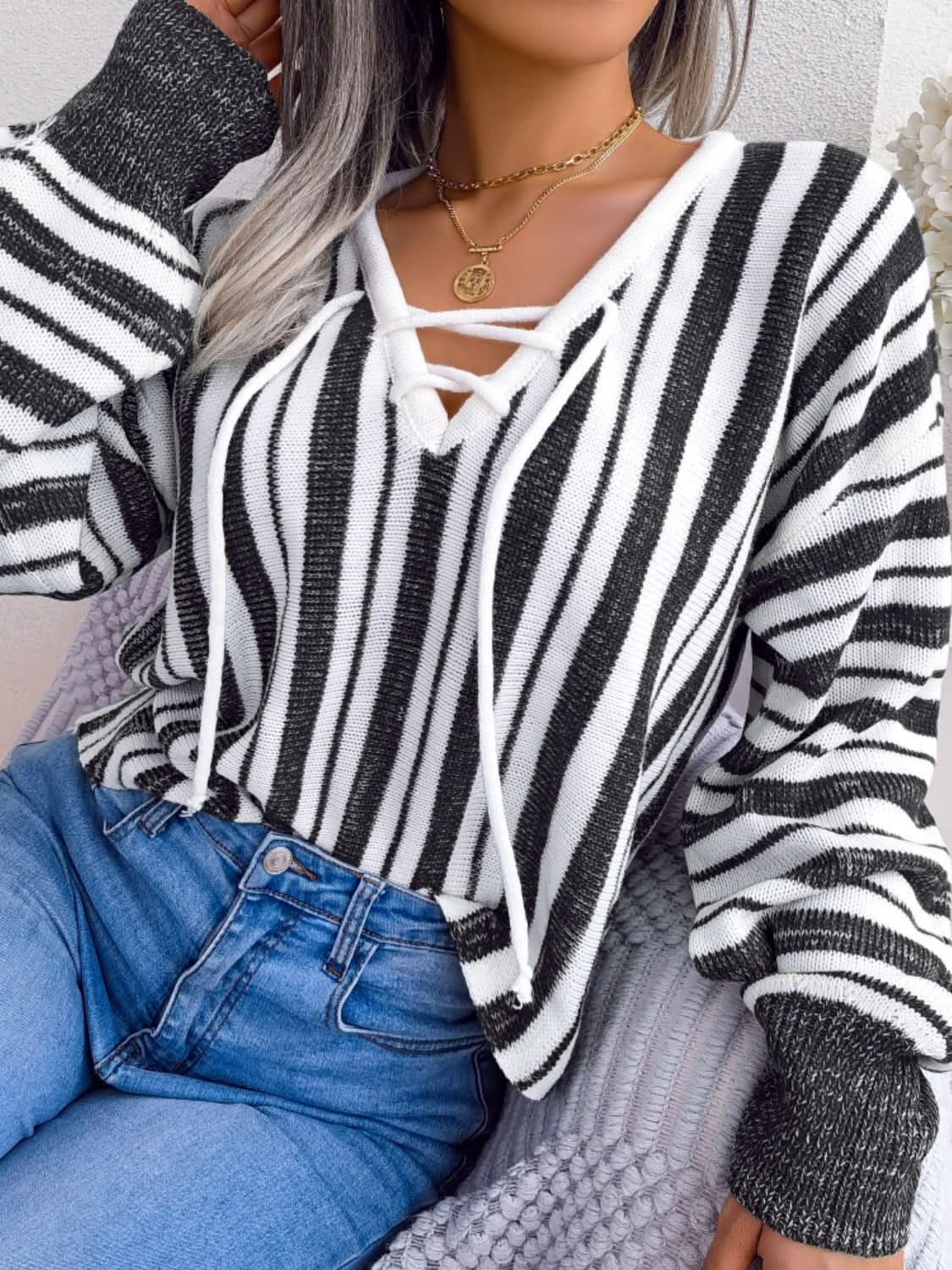 Lace-up striped long sleeve sweater