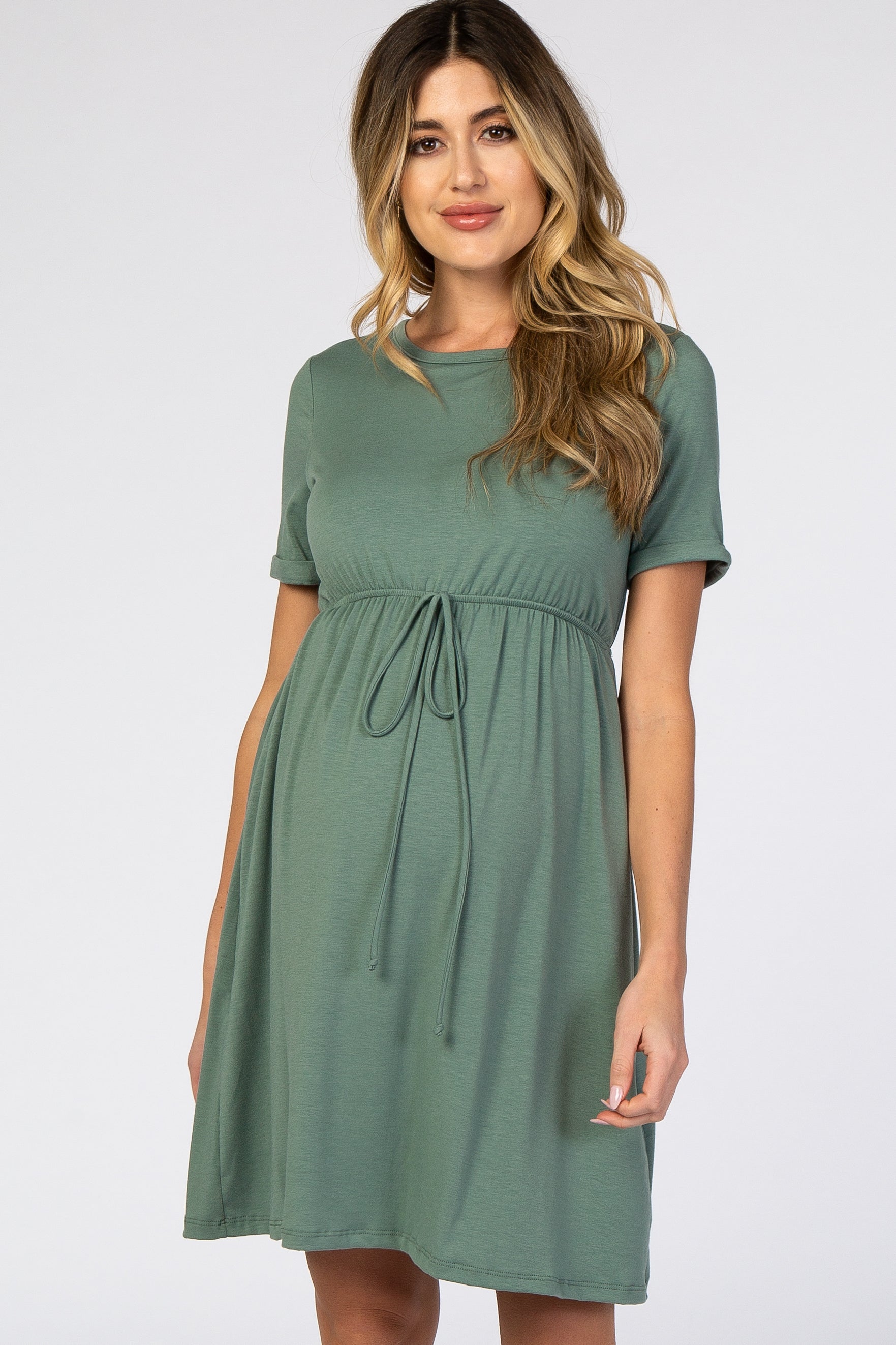 PinkBlush PinkBlush Sage Green Cuff Sleeve Waist Tie Maternity Dress - Main Product Image