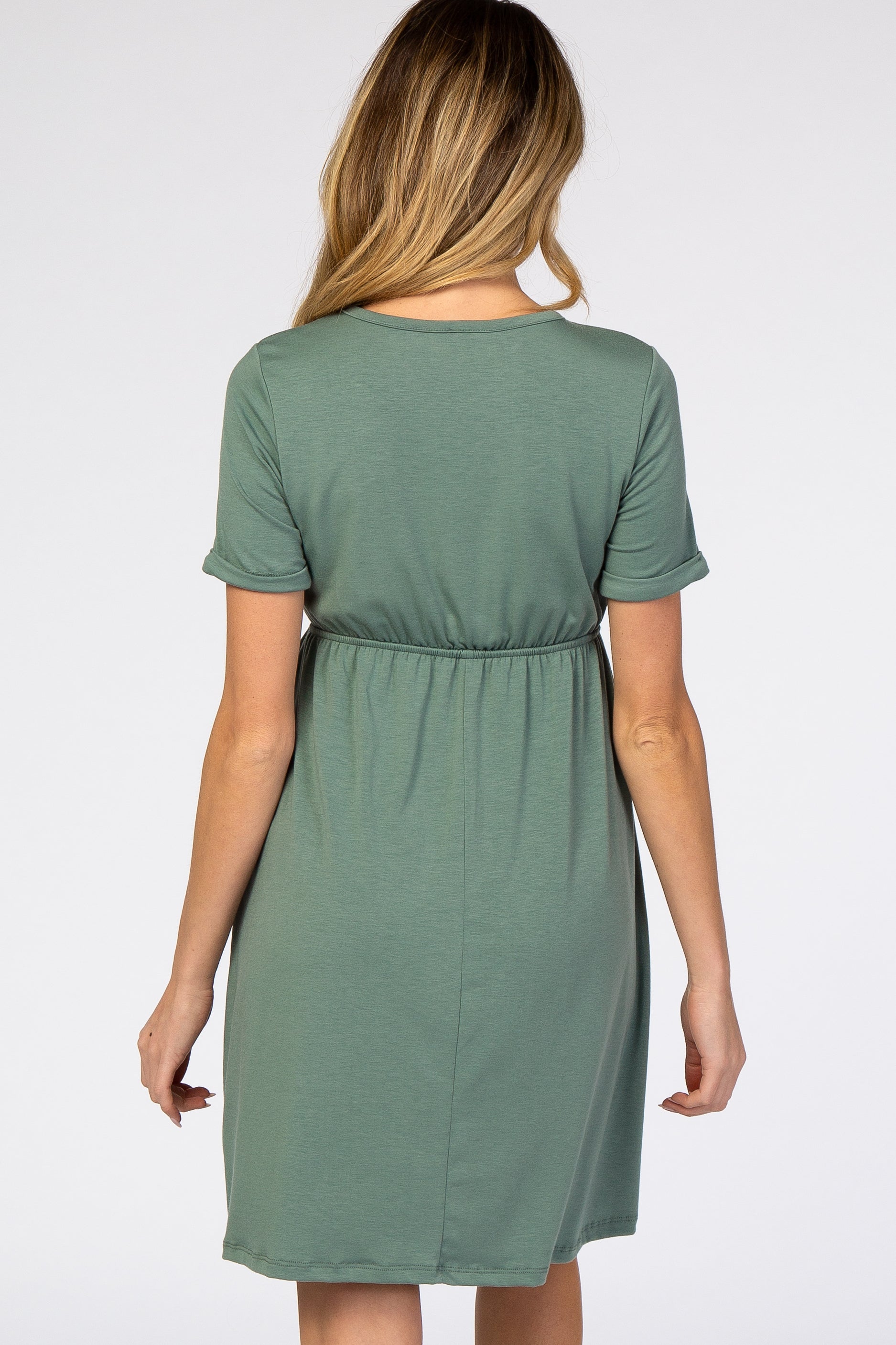 PinkBlush PinkBlush Sage Green Cuff Sleeve Waist Tie Maternity Dress - Detail View