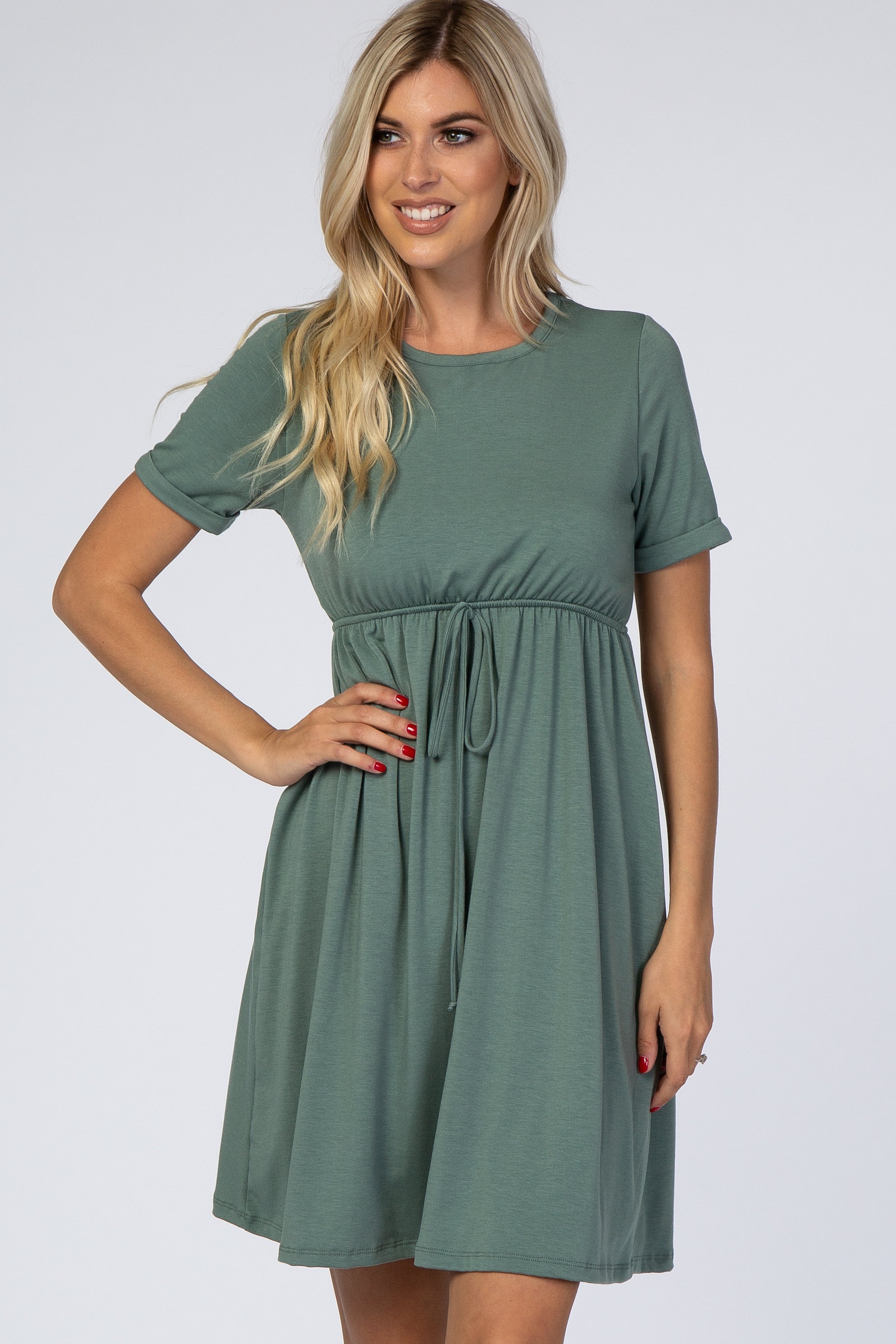 PinkBlush PinkBlush Sage Green Cuff Sleeve Waist Tie Dress - Alternate Angle