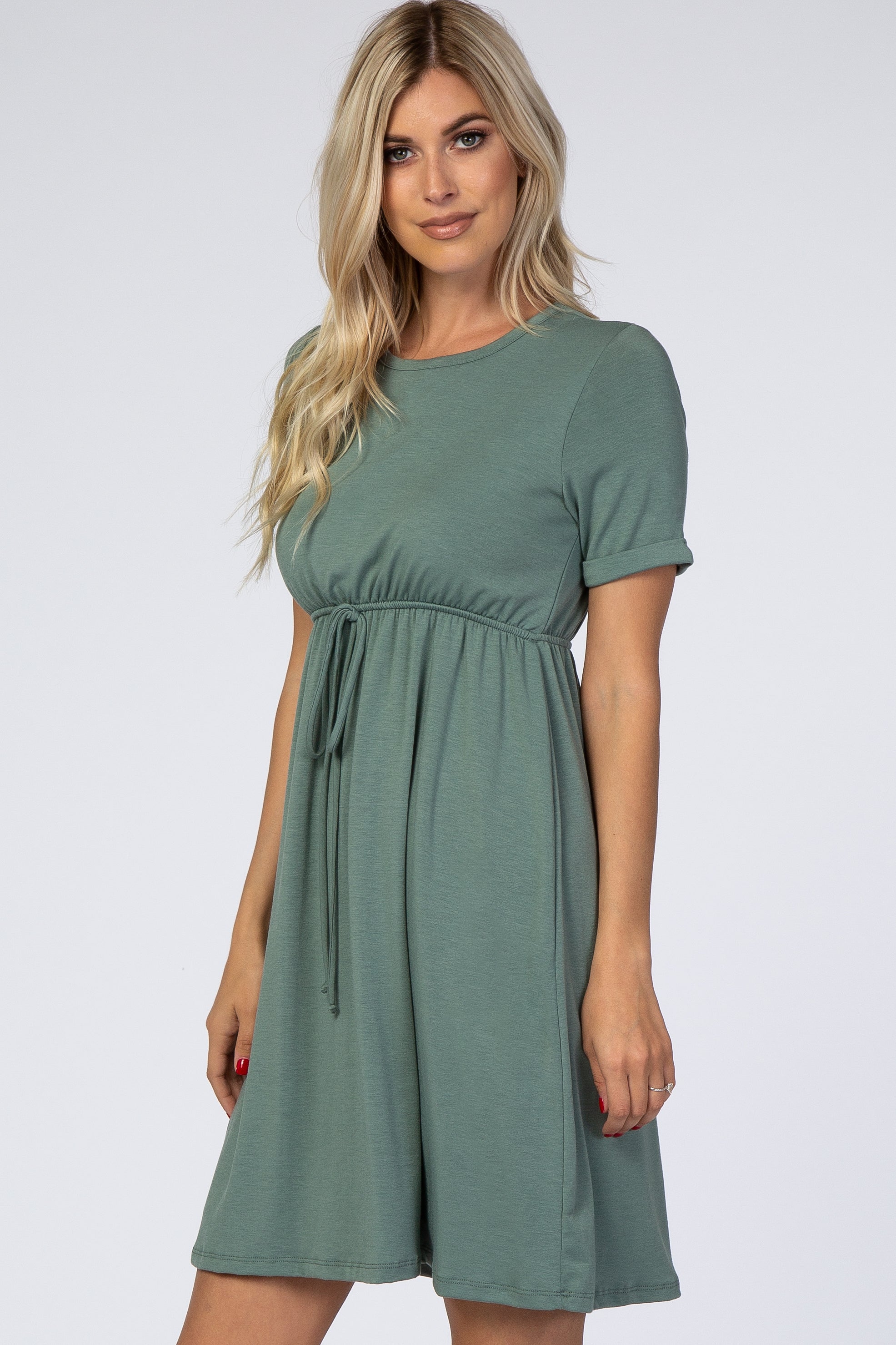 PinkBlush PinkBlush Sage Green Cuff Sleeve Waist Tie Dress - Detail View