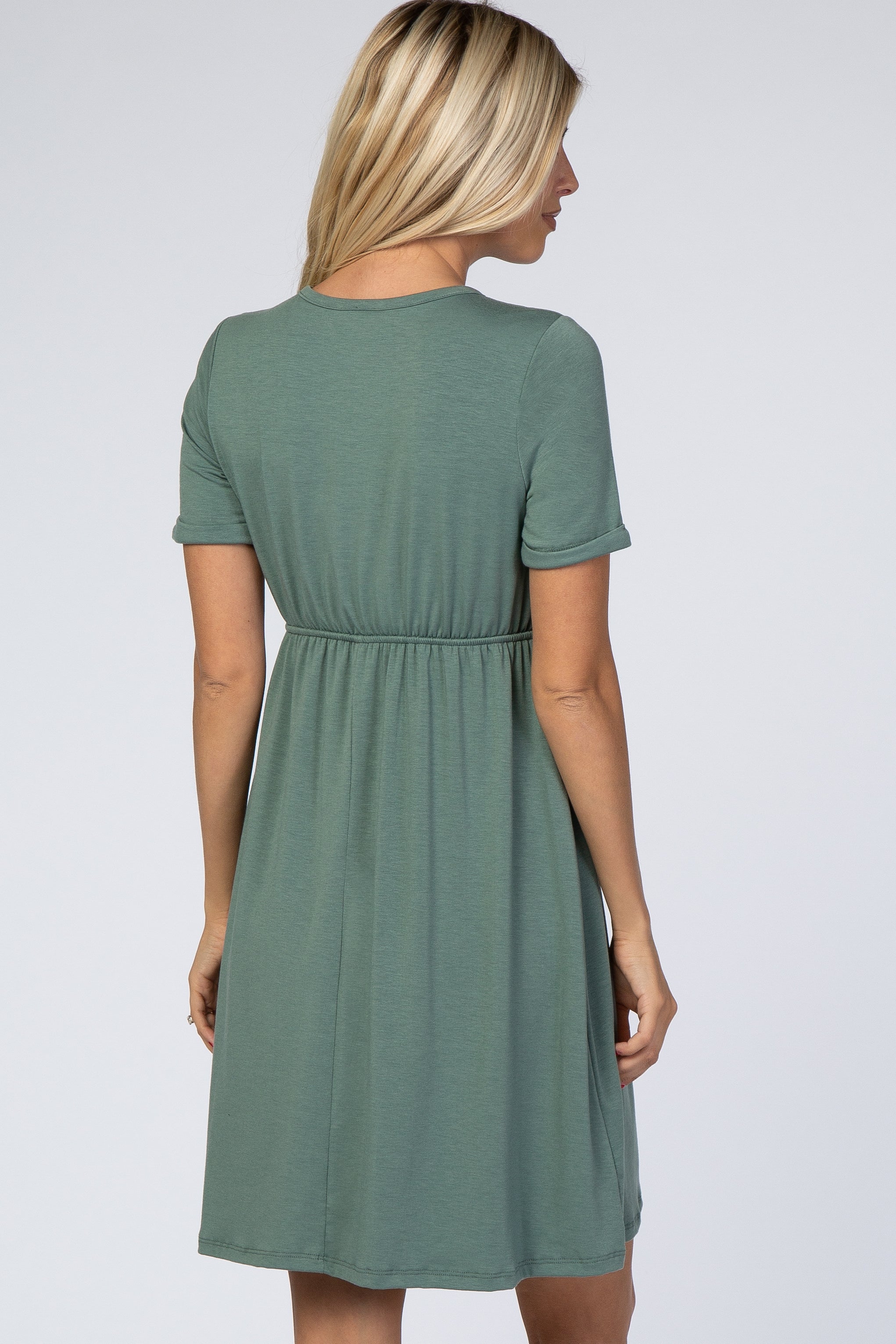 PinkBlush PinkBlush Sage Green Cuff Sleeve Waist Tie Dress - Close Up