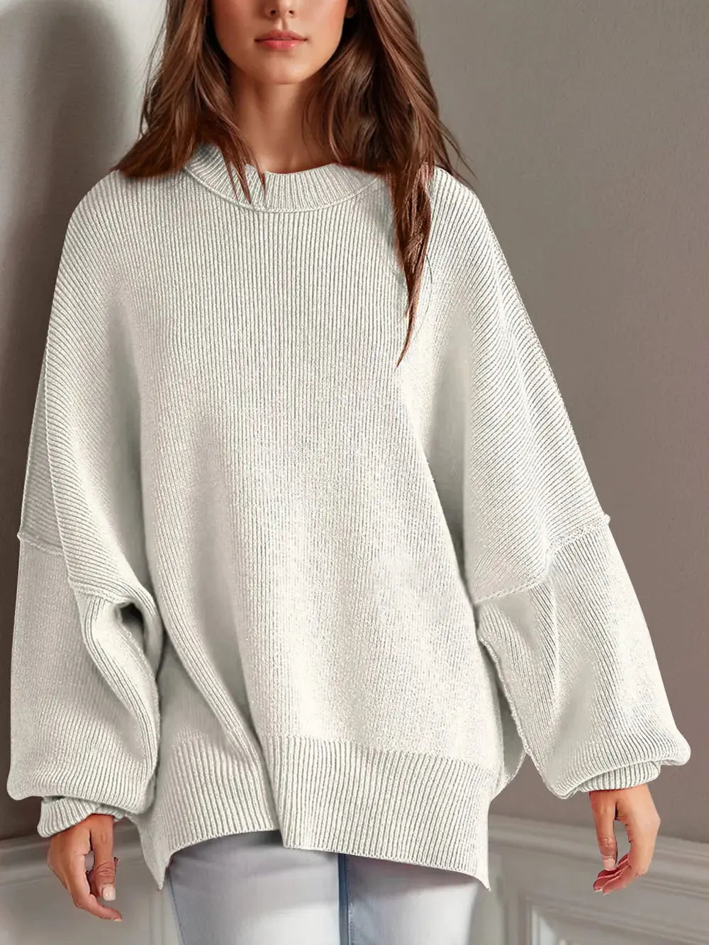 Double Take Side Slit Round Neck Long Sleeve Sweater - Love Salve