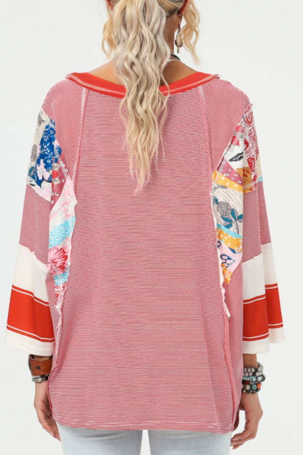 Floral Striped Patchwork Round Neck Blouse