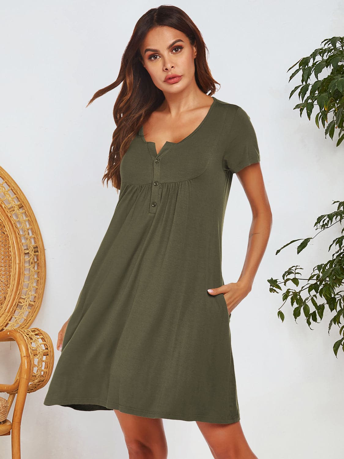 Notched Short Sleeve Mini Lounge Dress.