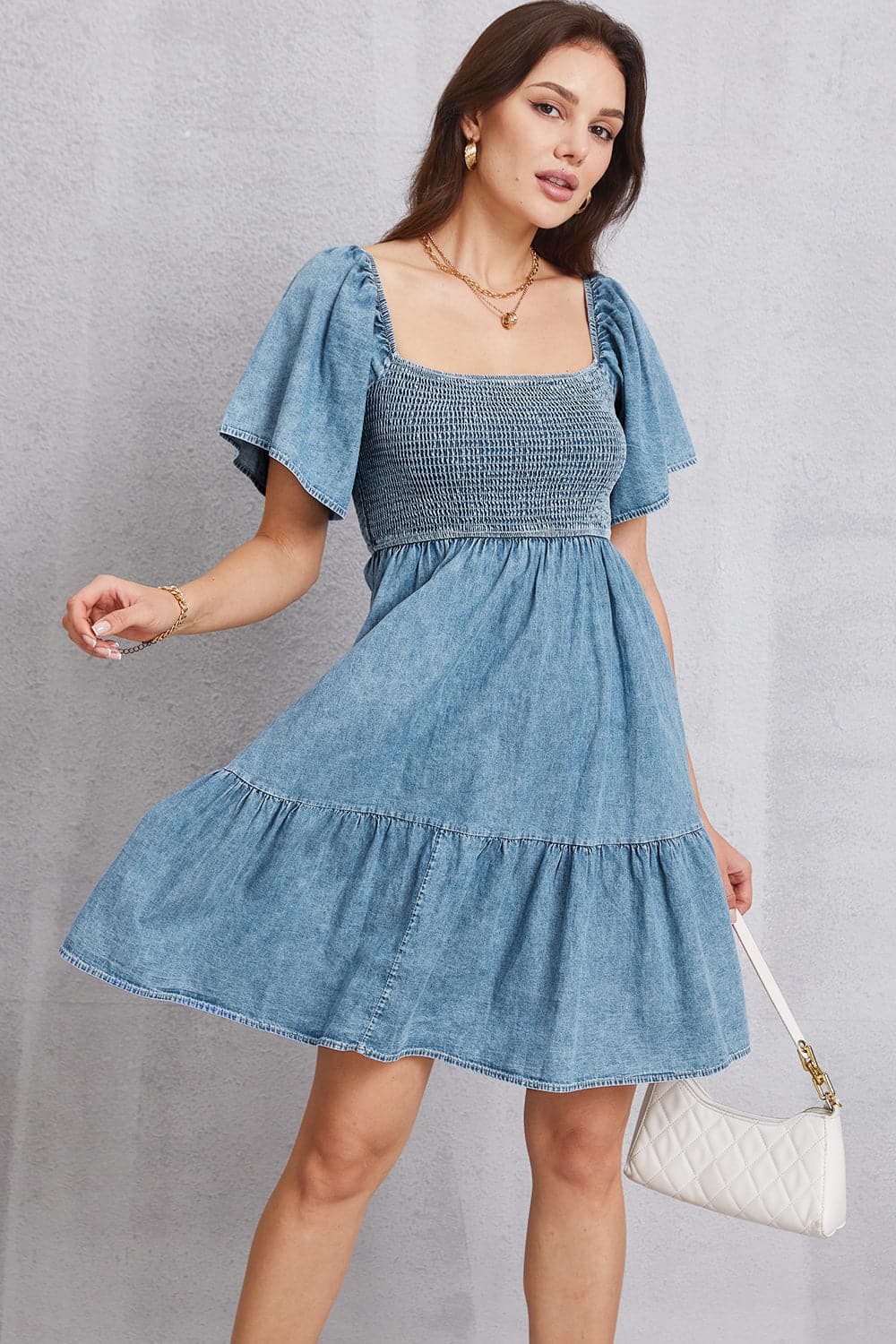 Smocked Square Neck Mini Denim Dress.