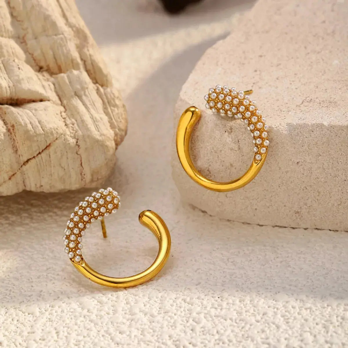 Gold Plated Synthetic Pearl Accented C Hoop Earrings Stainless Steel Simply Love