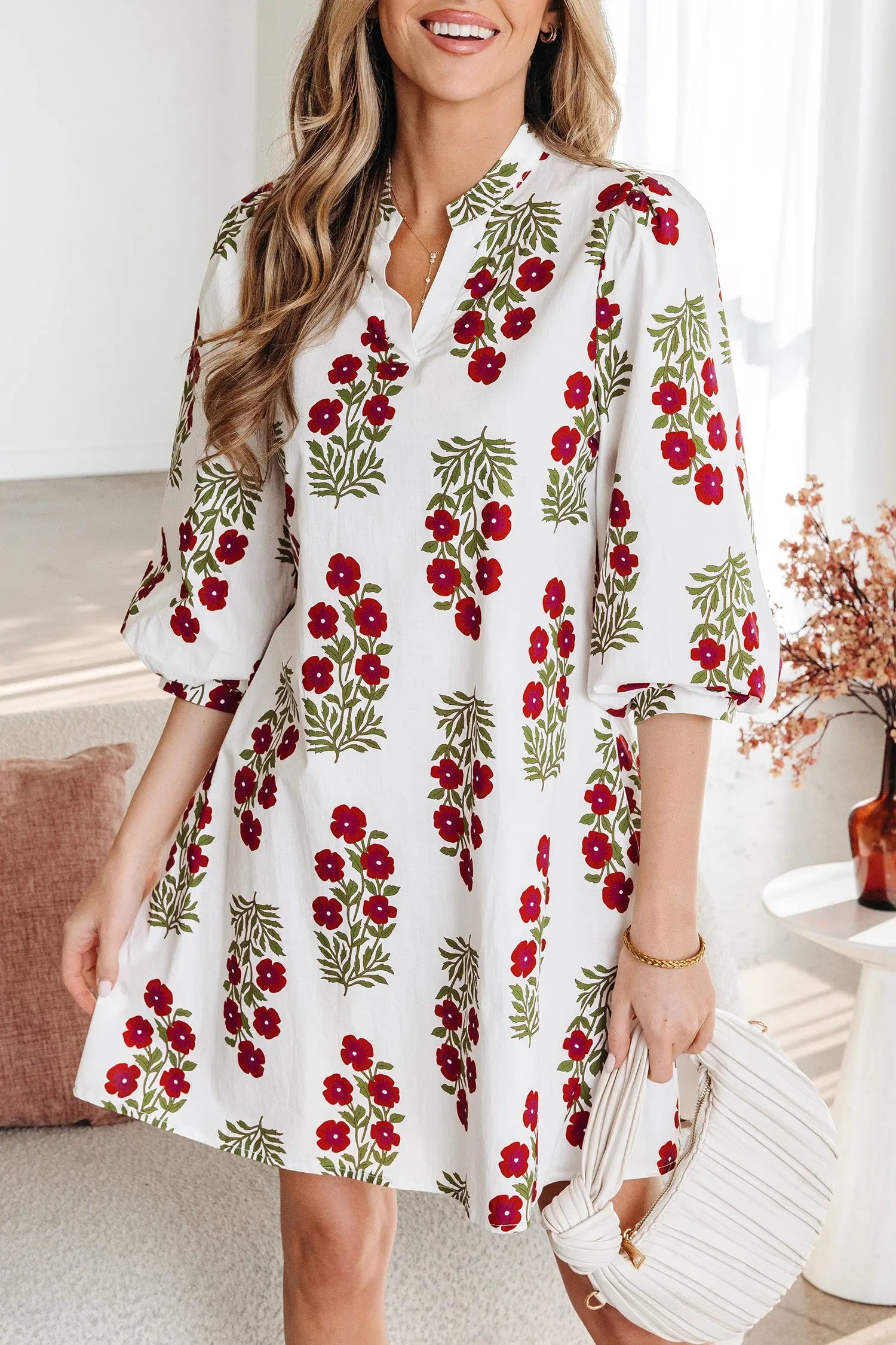 White Floral Print V Neck Three Quarter Sleeve Loose Mini Dress Dear-Lover Dropshipping