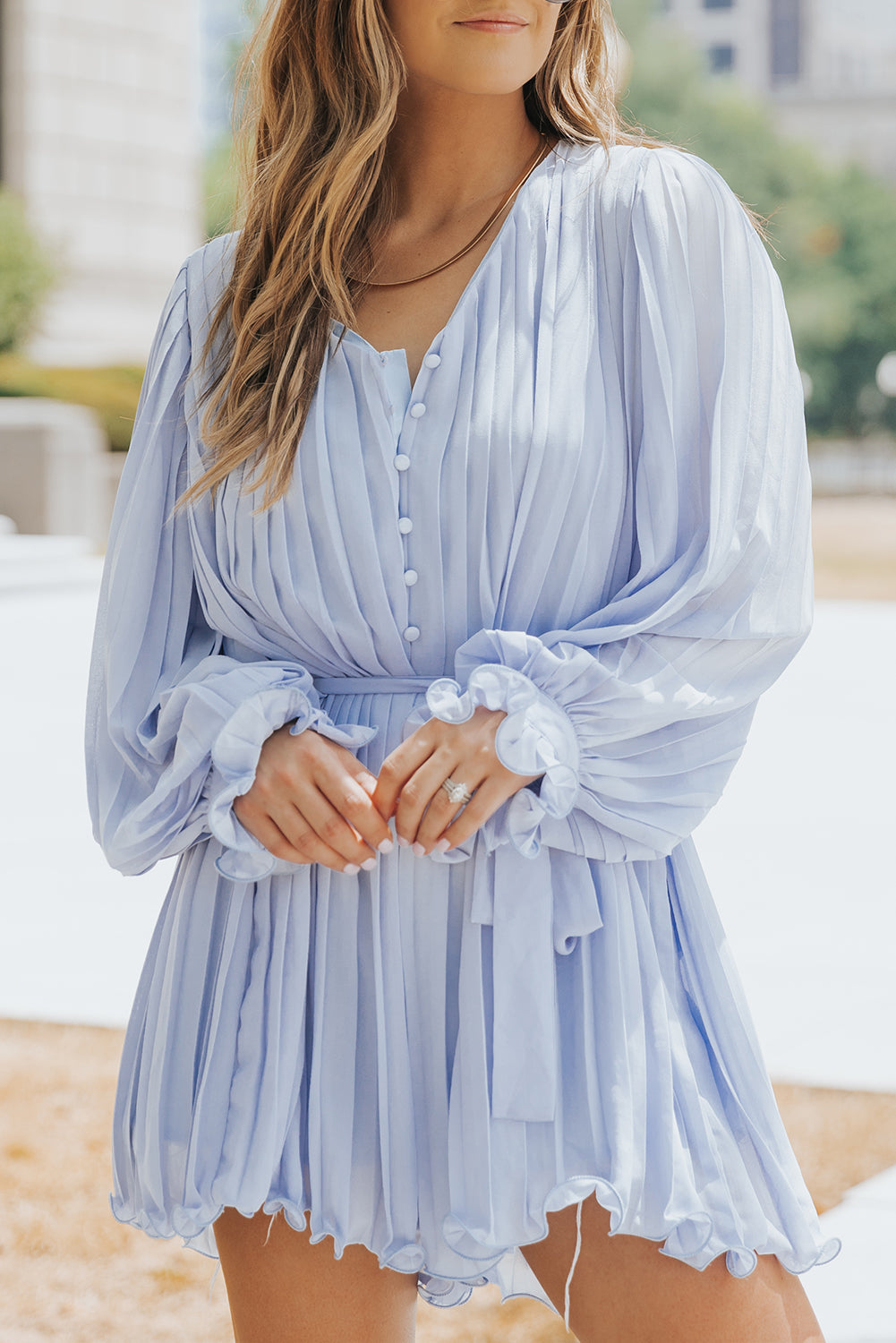 Irene Pleated Ruffled Tie Waist Button V Neck Romper for Women - Love Salve 