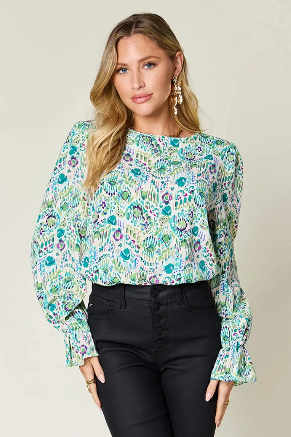 Double Take Full Size Printed Flounce Sleeve Blouse - Love Salve