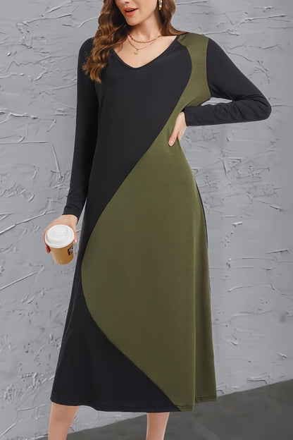 Contrast Long Sleeve Midi Dress.