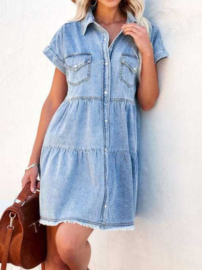 Raw Hem Short Sleeve Denim Dress.