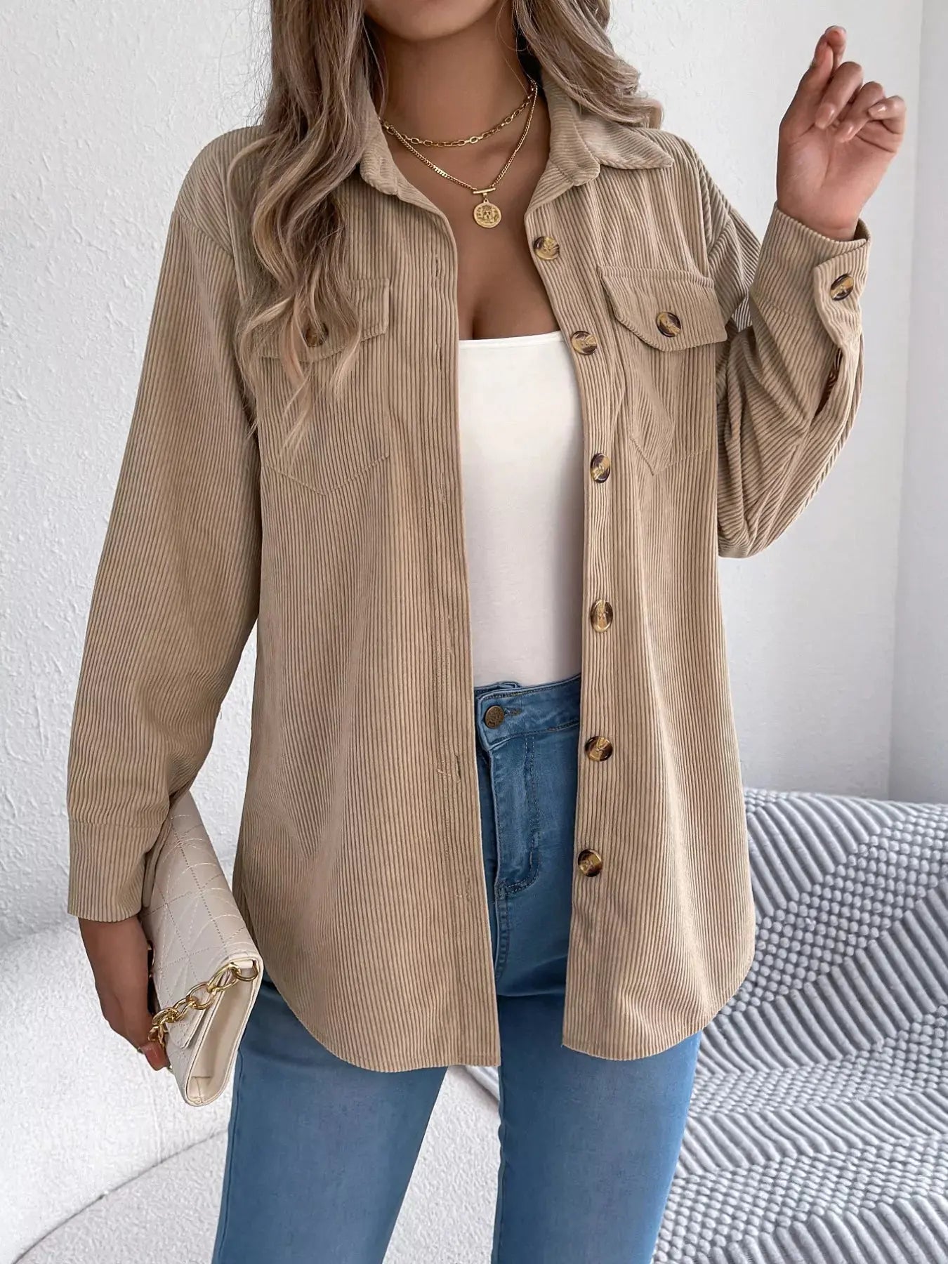 Casual Corduroy Button-Up Shacket Simply Love