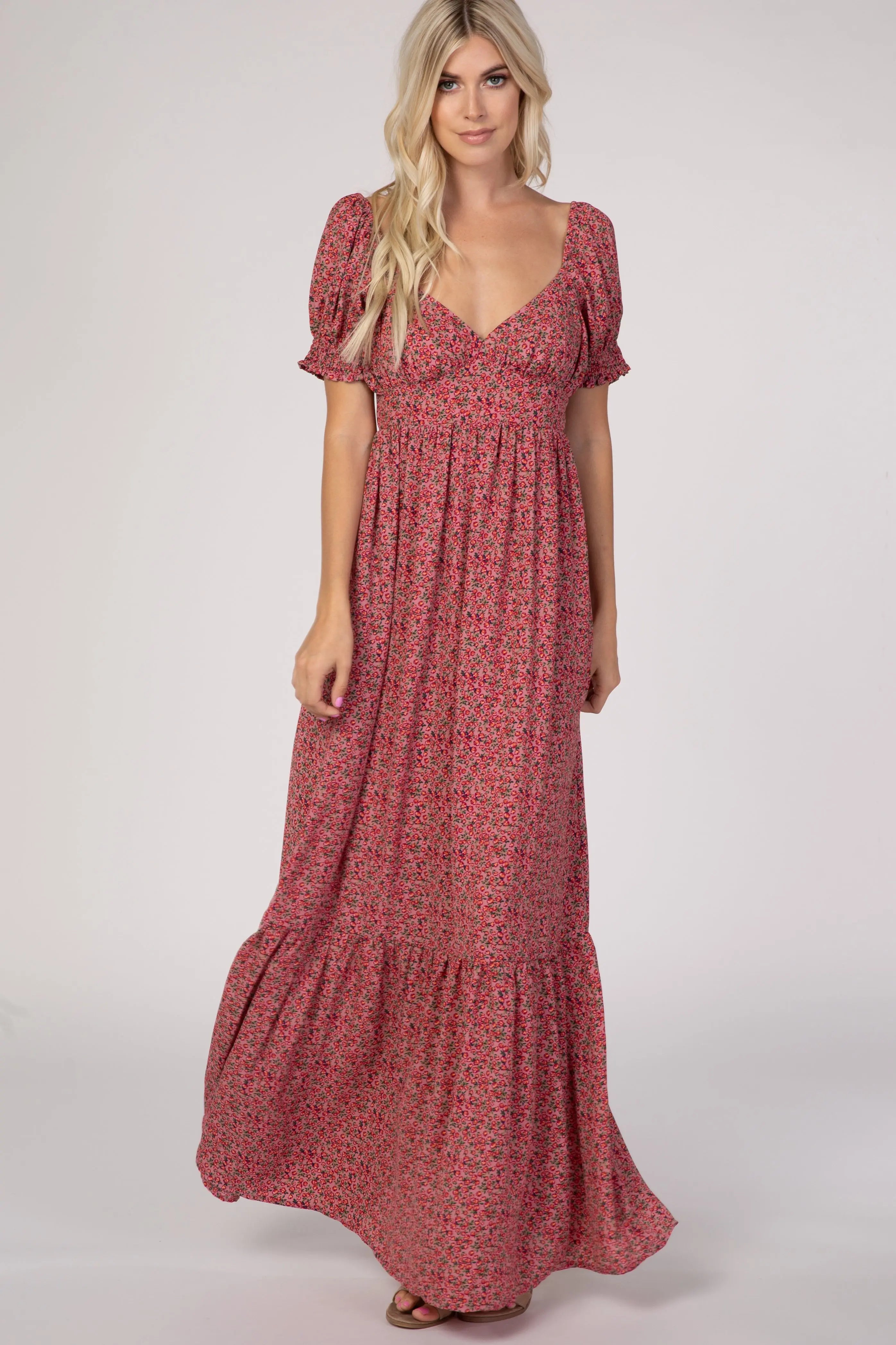 Pink Floral Puff Sleeve Maxi Dress Smocked Waist Tiered Hem PinkBlush