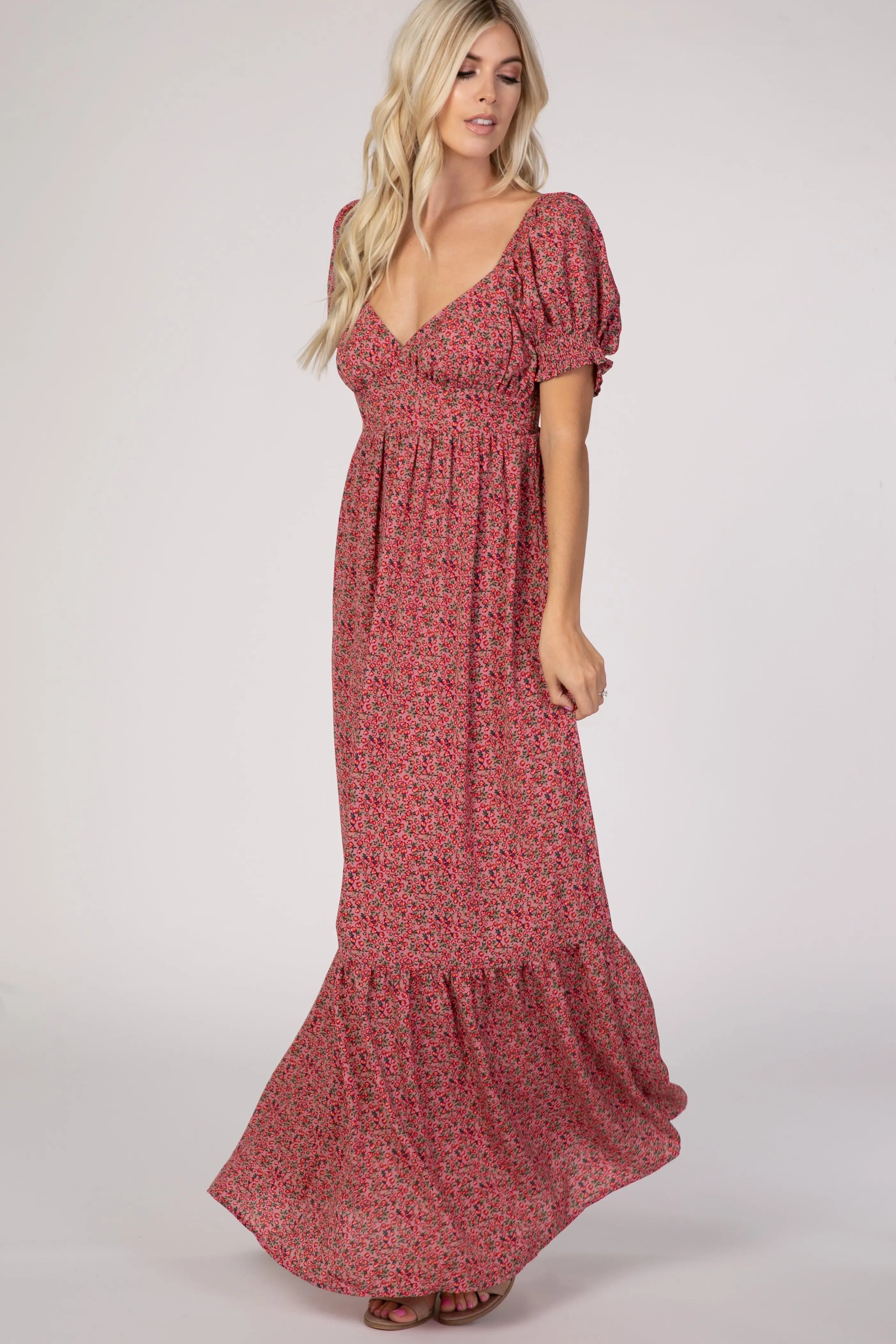 Pink Floral Puff Sleeve Maxi Dress Smocked Waist Tiered Hem PinkBlush
