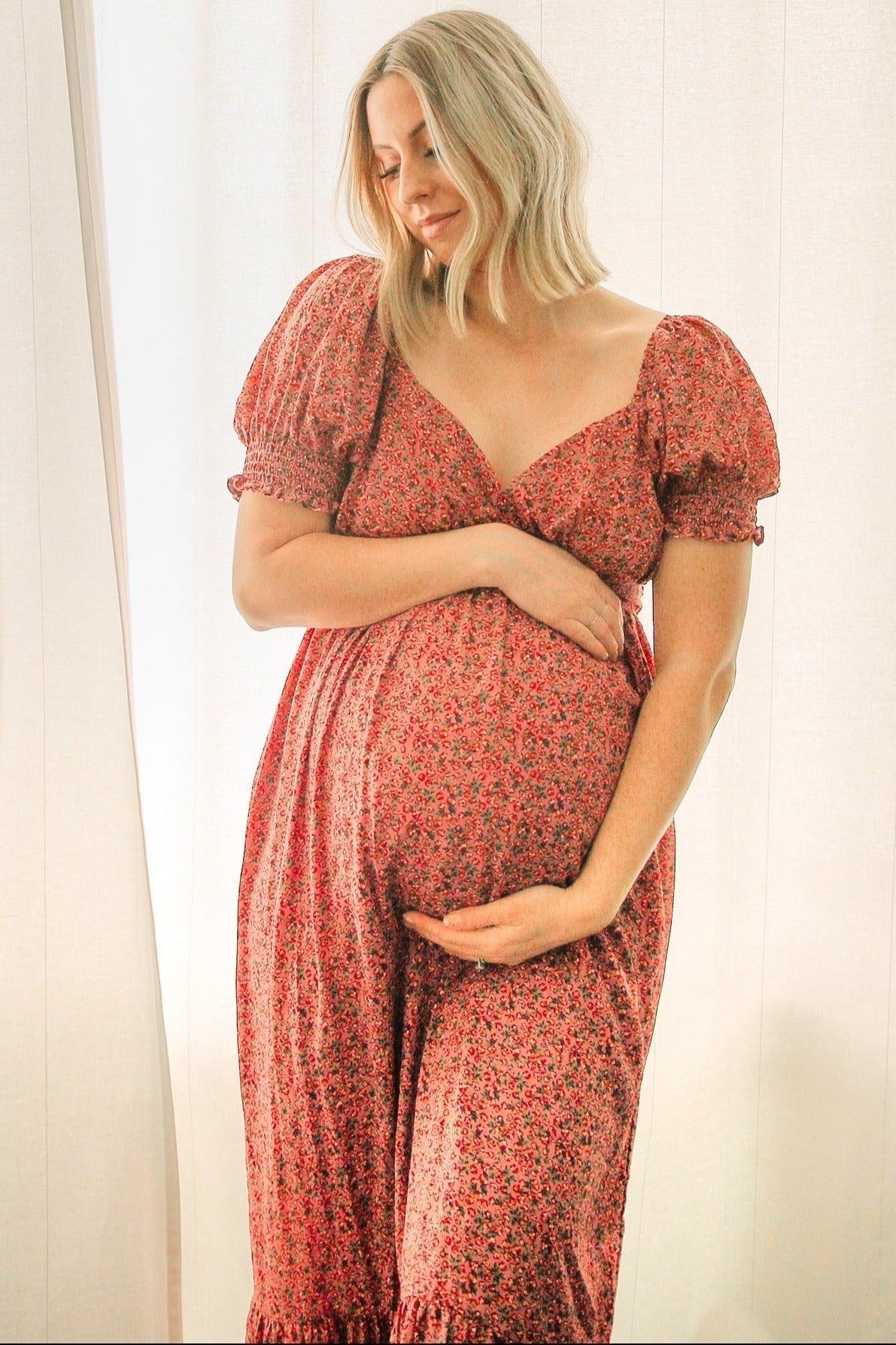 Pink Floral Puff Sleeve Maternity Maxi Dress For Expecting Moms PinkBlush