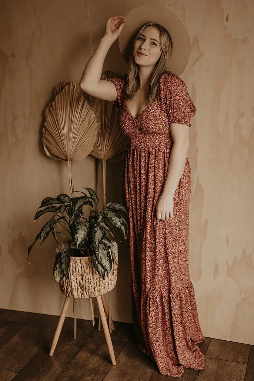 Pink Floral Puff Sleeve Maxi Dress Smocked Waist Tiered Hem PinkBlush