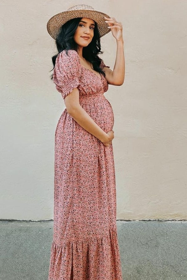 Pink Floral Puff Sleeve Maternity Maxi Dress For Expecting Moms PinkBlush