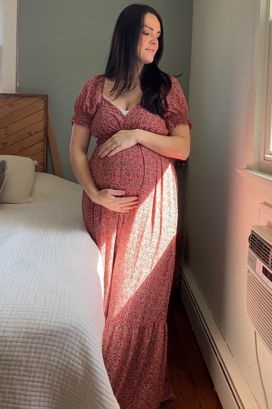 Pink Floral Puff Sleeve Maternity Maxi Dress For Expecting Moms PinkBlush