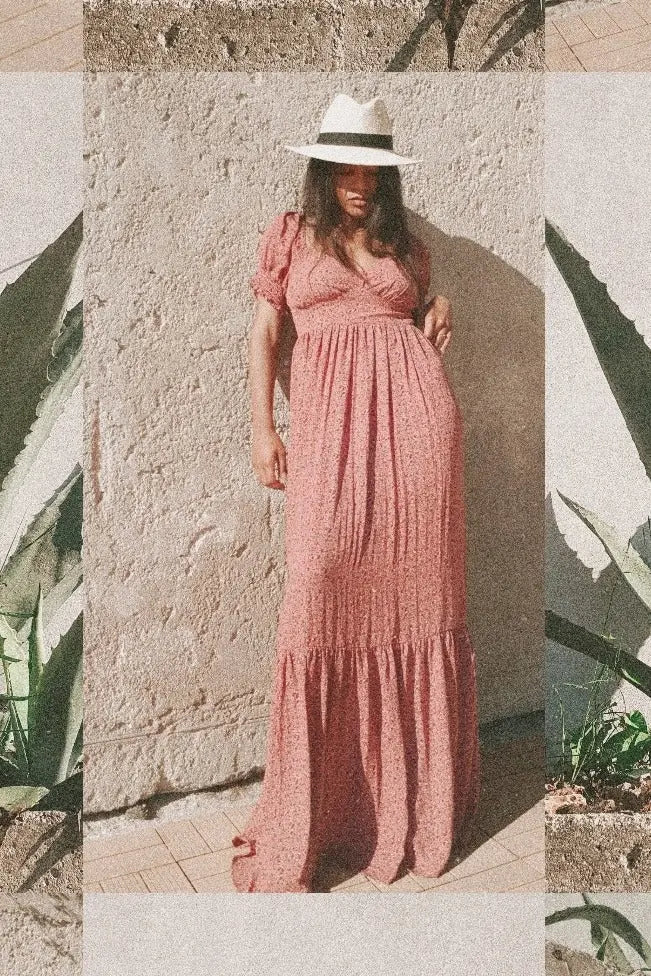 Pink Floral Puff Sleeve Maxi Dress Smocked Waist Tiered Hem PinkBlush