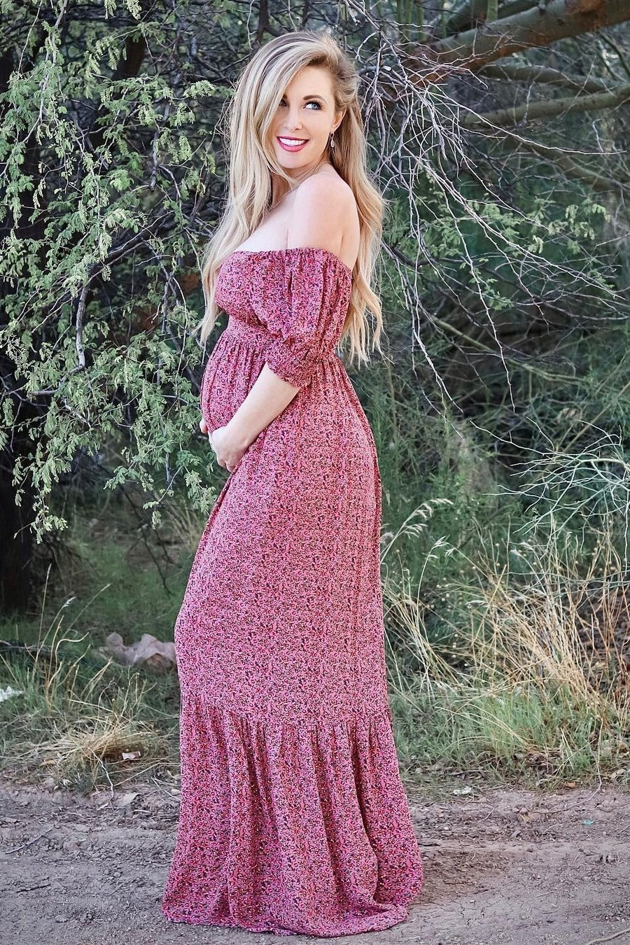 Pink Floral Puff Sleeve Maternity Maxi Dress For Expecting Moms PinkBlush