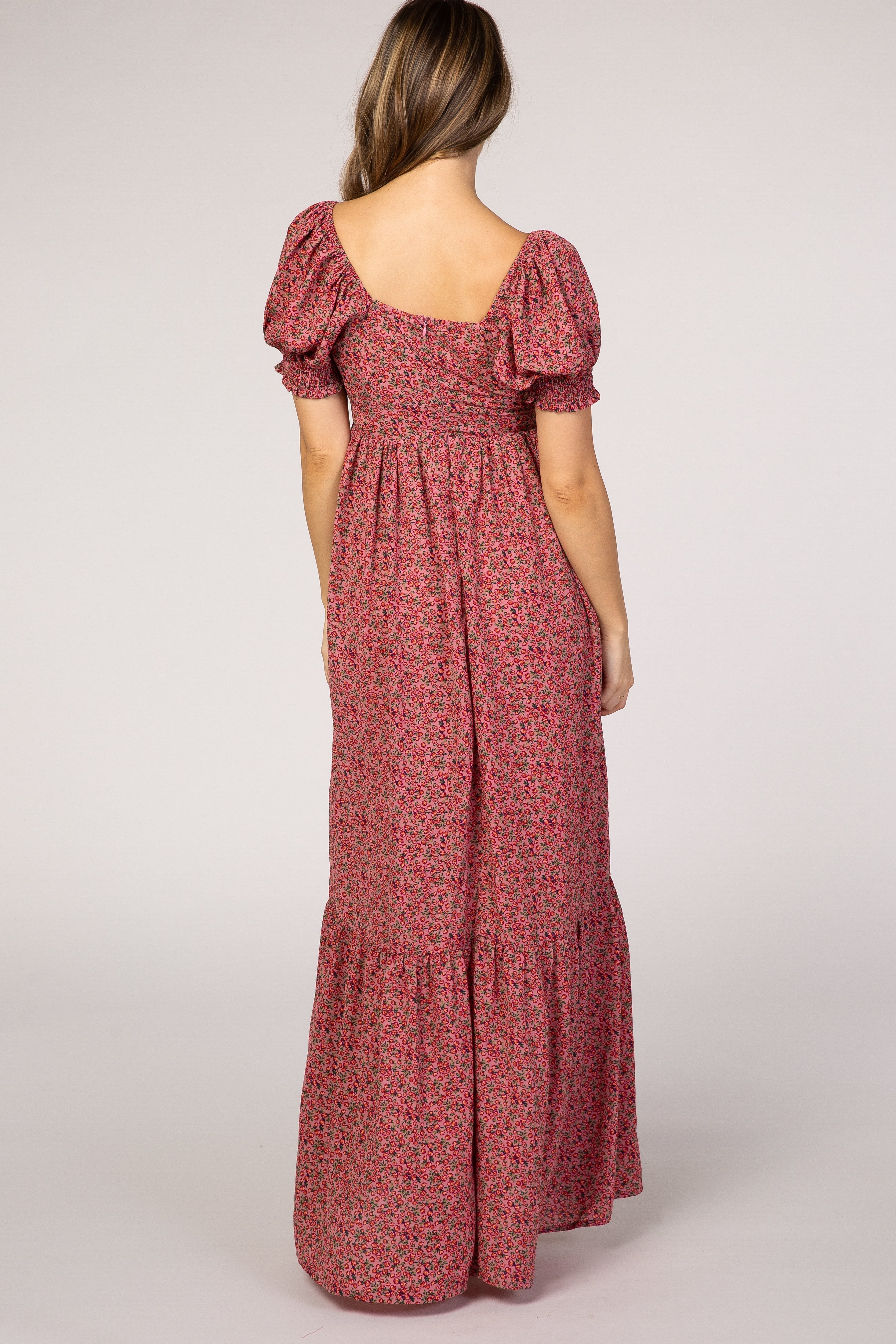 Pink Floral Puff Sleeve Maternity Maxi Dress For Expecting Moms PinkBlush