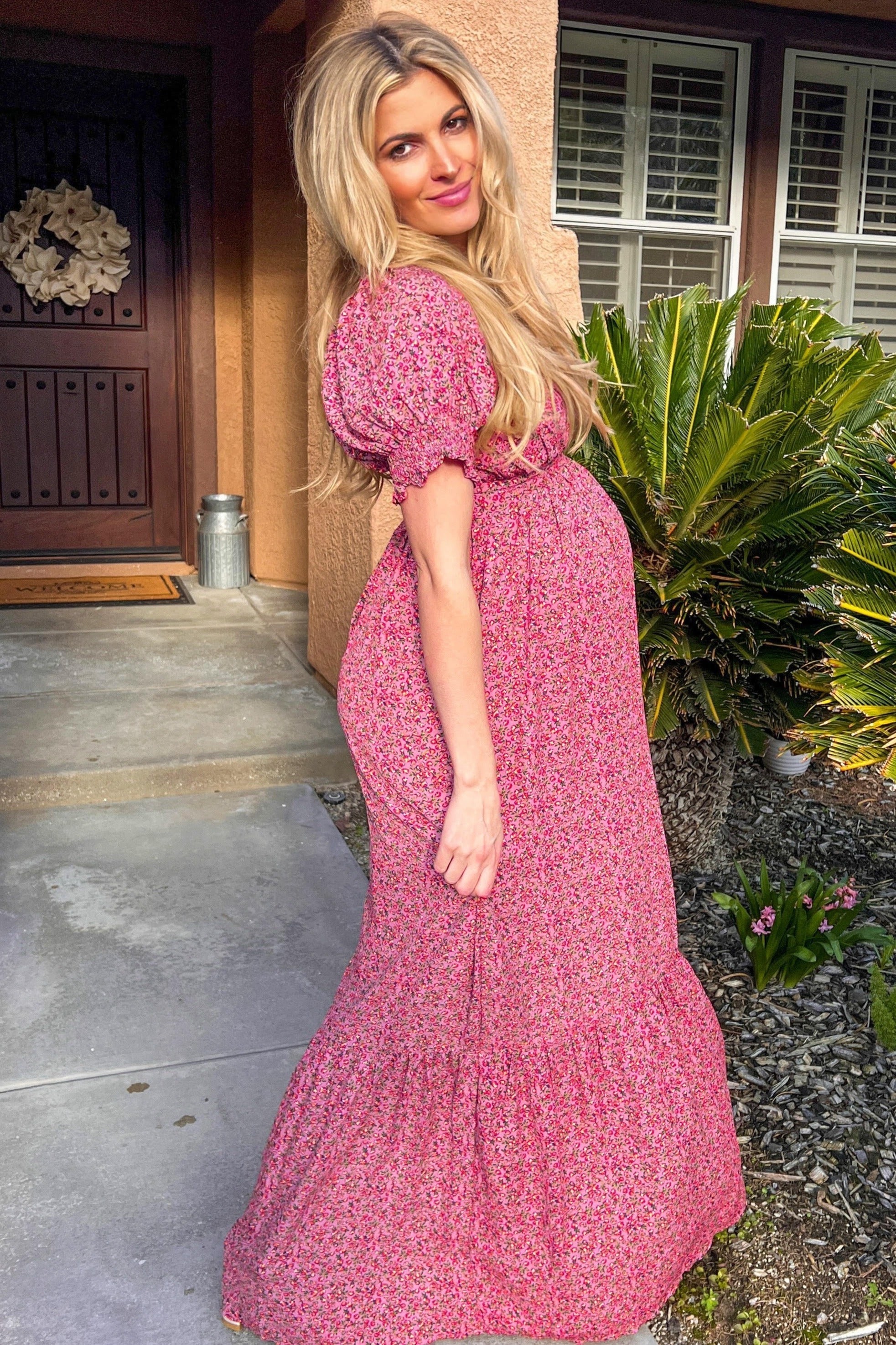 Pink Floral Puff Sleeve Maternity Maxi Dress For Expecting Moms PinkBlush