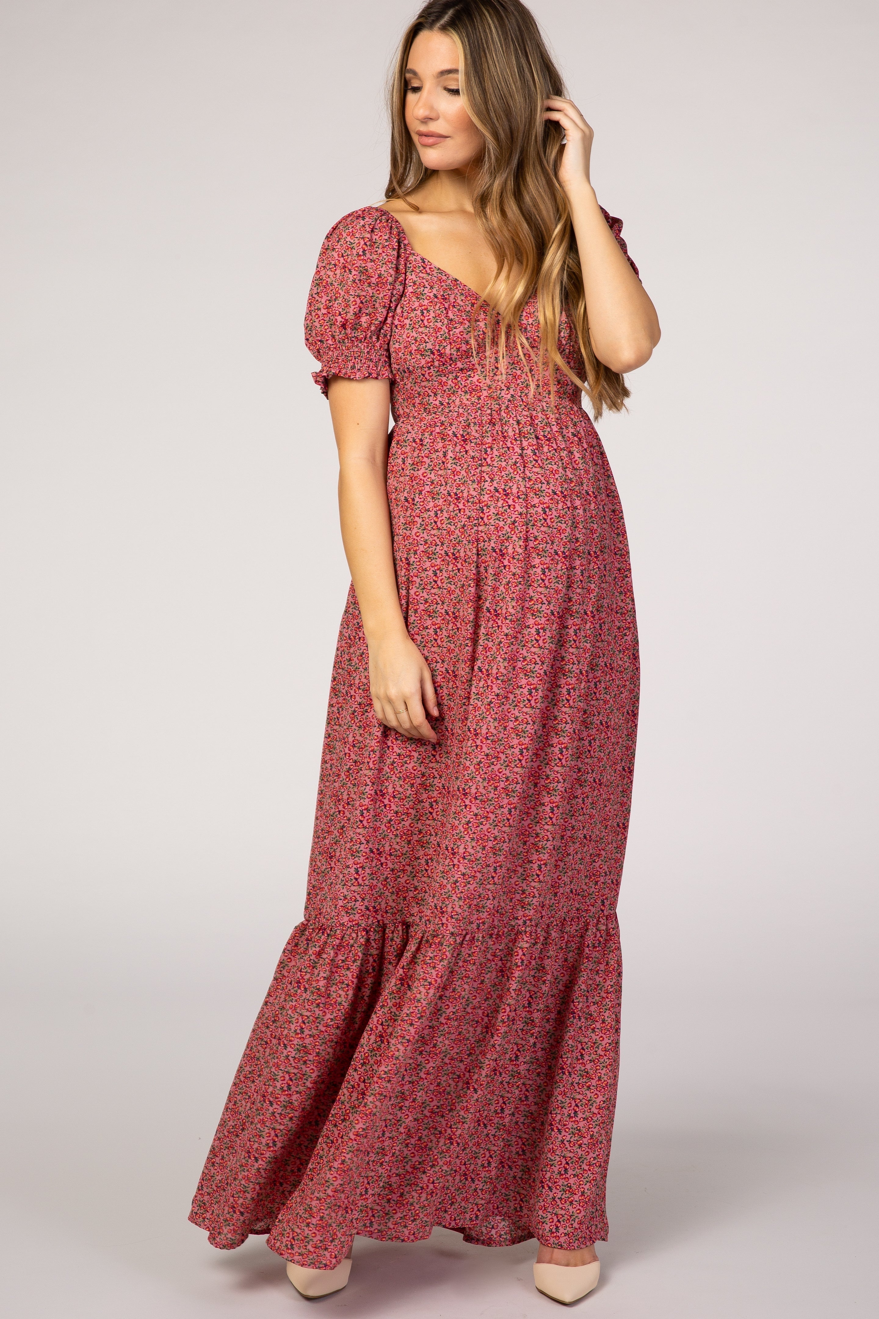 Pink Floral Puff Sleeve Maternity Maxi Dress For Expecting Moms PinkBlush