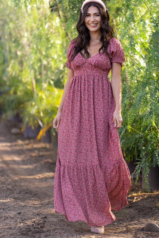 Pink Floral Puff Sleeve Maxi Dress Smocked Waist Tiered Hem PinkBlush