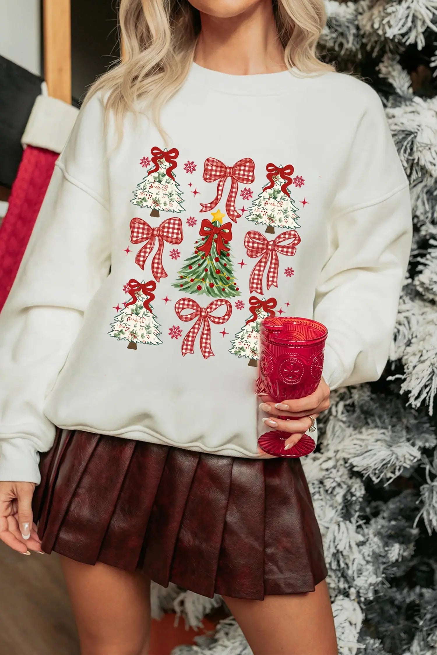 White Christmas Tree Ribbon Bow Printed Drop Shoulder Sweatshirt Dear-Lover Dropshipping