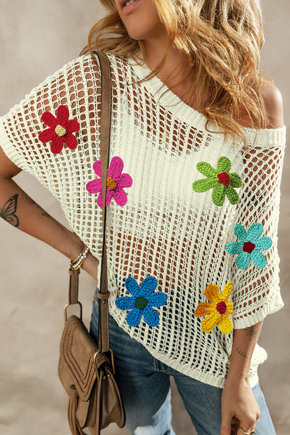 Chic white crochet floral hollow-out sweater tee