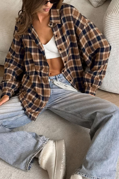 Plaid Oversized Button-Up Shacket with Drop Shoulders