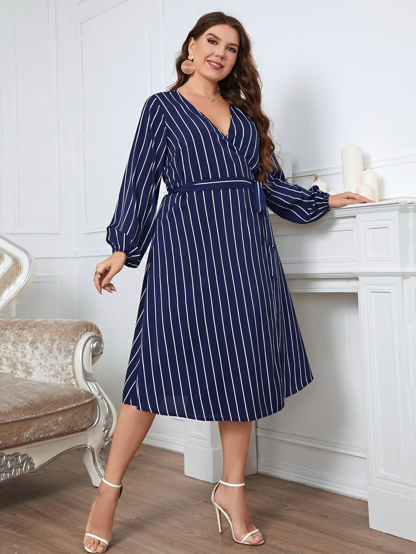 Melo Apparel Plus Size Striped Surplice Neck Long Sleeve Dress.